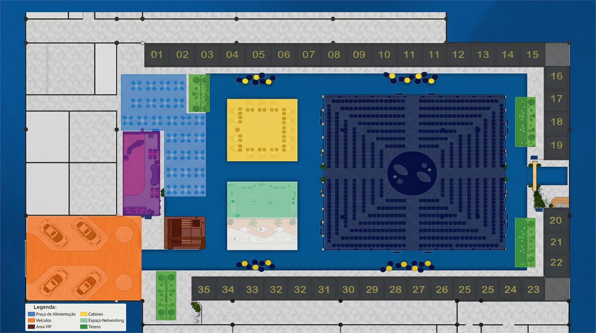 Mapa tridimensional do espaço do evento Connect Valley 2026, com palcos e estandes
